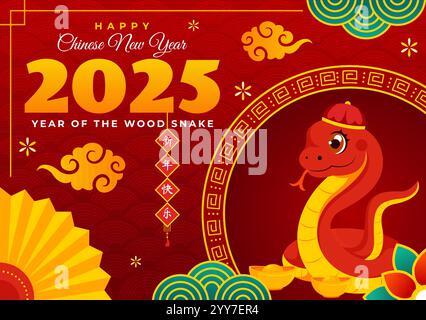 Joyeux nouvel an chinois 2025 illustration vectorielle. Traduction : année du serpent de bois, mettant en vedette des serpents et des éléments chinois traditionnels en arrière-plan Illustration de Vecteur