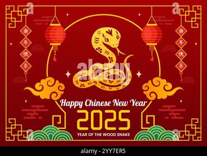 Joyeux nouvel an chinois 2025 illustration vectorielle. Traduction : année du serpent de bois, mettant en vedette des serpents et des éléments chinois traditionnels en arrière-plan Illustration de Vecteur