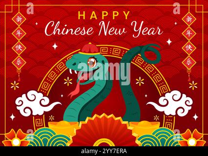 Joyeux nouvel an chinois 2025 illustration vectorielle. Traduction : année du serpent de bois, mettant en vedette des serpents et des éléments chinois traditionnels en arrière-plan Illustration de Vecteur