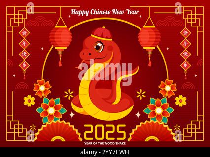 Joyeux nouvel an chinois 2025 illustration vectorielle. Traduction : année du serpent de bois, mettant en vedette des serpents et des éléments chinois traditionnels en arrière-plan Illustration de Vecteur