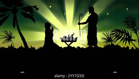 Image de la silhouette de la scène de nativité au-dessus de l'étoile filante sur fond vert. Noël, célébration et tradition concept image générée numériquement. Banque D'Images