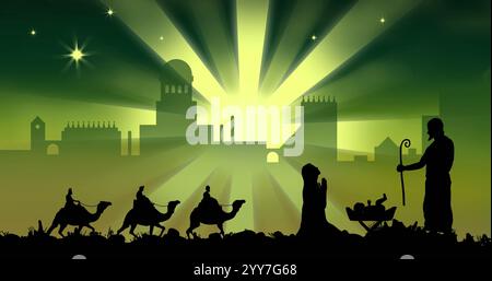 Image de la silhouette de trois sages sur chameaux au-dessus du paysage urbain sur fond vert. Noël, célébration et tradition concept généré numériquement i Banque D'Images