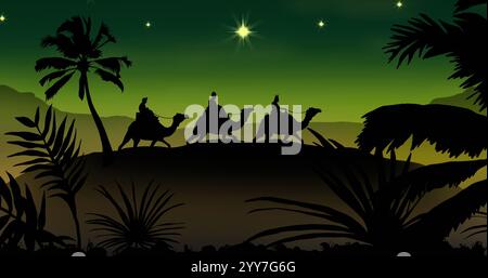 Image de la silhouette de trois sages sur chameaux au-dessus du paysage tropical sur fond vert. Noël, célébration et tradition concept numériquement GE Banque D'Images