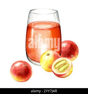 Verre avec jus de fruits Camu-Camu, baies de Myrciaria dubia. Super nourriture. Aquarelle illustration dessinée à la main, isolé sur fond blanc Banque D'Images