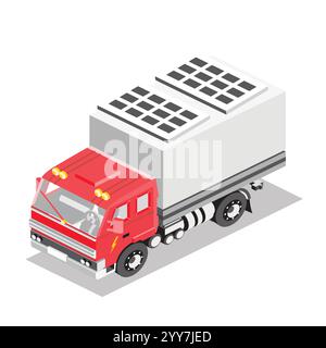 Camion de livraison isométrique avec panneaux solaires sur le toit. Automobile sur énergie solaire renouvelable. Véhicule électrique à éléments photovoltaïques. Hybride rouge. Illustration de Vecteur