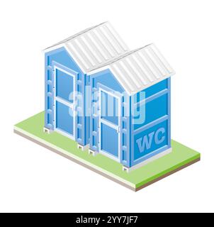 Deux toilettes chimiques portatives. Cabine de toilettes sèches isométriques. Illustration vectorielle. Objet isolé sur blanc. Toilettes bleu WC cabine de toilettes. Illustration de Vecteur