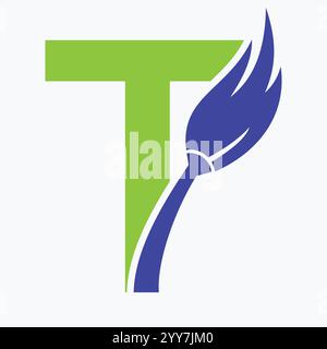 Lettre initiale T House Cleaning logo concept avec Clean Brush Symbol modèle vectoriel Illustration de Vecteur