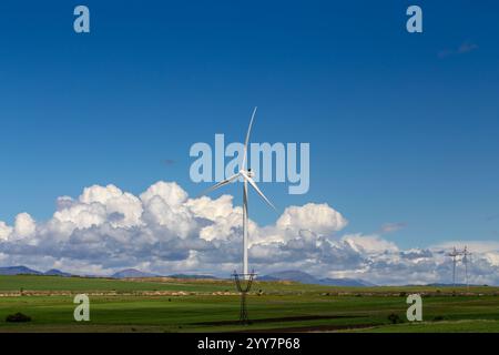 Un paysage géorgien pittoresque avec des éoliennes imposantes au milieu de champs verdoyants sous un ciel bleu vif. Des montagnes enneigées s'élèvent dans la dista Banque D'Images