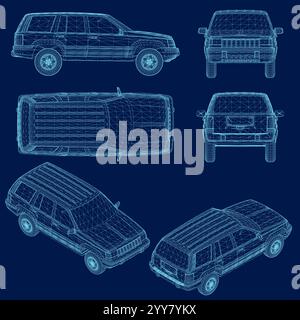 Jeu de fils pour voiture de tourisme. Véhicule automobile rétro, automobile de vues différentes. Conception de SUV de transport motorisé sur roues. Illustration vectorielle plate isolée Illustration de Vecteur