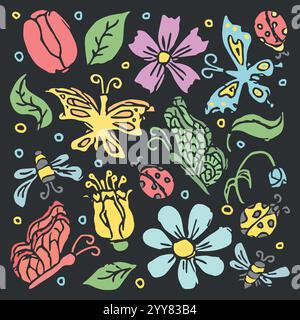 Illustration florale printanière avec fleurs, papillons, abeilles et coccinelles. Fond de fleurs de doodle Illustration de Vecteur