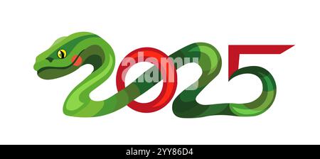 Bonne année 2025 du serpent, nouvel an lunaire ou nouvel an chinois. Serpent courbe vert et pleine lune sur fond vert. Carte de vœux ou bannière Illustration de Vecteur