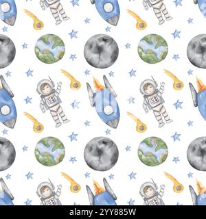 aquarelle mignon enfant modèle sans couture d'espace, astronaute, terre, lune, astéroïde, les étoiles répètent le papier des enfants Banque D'Images