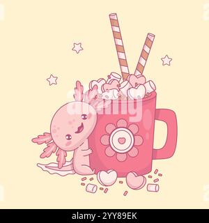 Mignon axolotl souriant avec mug rouge sucré dessert tasse chocolat chaud avec guimauves, coeurs et bonbons rayés. Drôle festif petit animal kawaii de bande dessinée Illustration de Vecteur