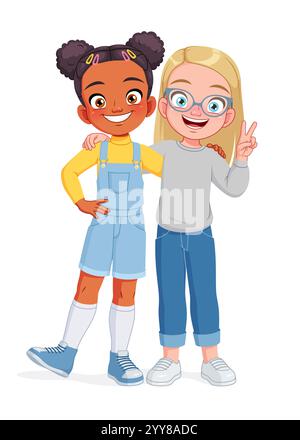 Deux jeunes filles s'embrassant. Heureux meilleurs amis. Illustration vectorielle de dessin animé concept d'amitié. Illustration de Vecteur