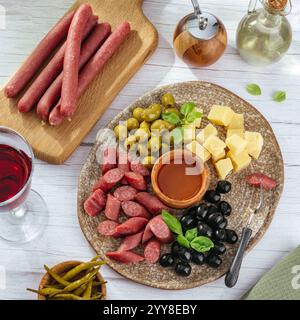 apéritif de saucisse, fromage et olives Banque D'Images