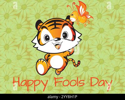 Le tigre de dessin animé tient un papillon dans sa bouche. L'image est intitulée Happy Fools Day. Joyeux April Fools Day humour Happiness Joy bizarre Event CLI Illustration de Vecteur