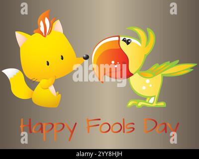 Dessin animé d'un renard et d'un perroquet sur un fond brun. Le fond est brun et l'image est colorée. Joyeux April Fools Day humour Happiness Joy B. Illustration de Vecteur