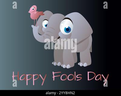 Éléphant de dessin animé tenant un oiseau rose sur son tronc. L'éléphant sourit et l'oiseau regarde l'éléphant. Humour ludique de April Fools Day Illustration de Vecteur