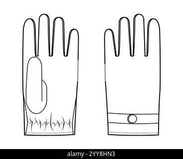 Gants de conduite courte longueur poignet main mode conception doigt long fermeture à pression style enfilage accessoire habillement illustration technique vêtement. Vecteur hommes, modèle plat femme maquette CAD Illustration de Vecteur