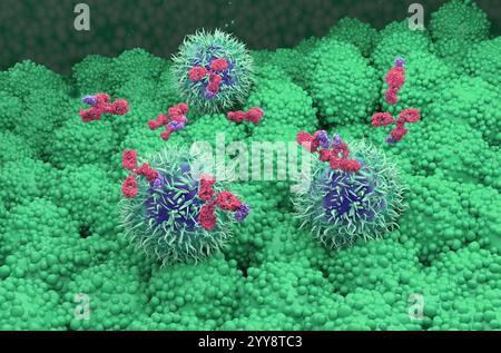 Traitement par anticorps monoclonaux dans le cancer du pancréas - vue isométrique illustration 3D. Banque D'Images