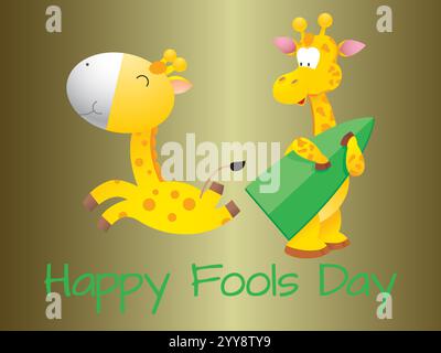 Dessin animé de deux girafes tenant une planche de surf et un objet vert. Le texte dit Happy Fools Day. Joyeux April Fools Day humour bonheur Joy bizarre E Illustration de Vecteur