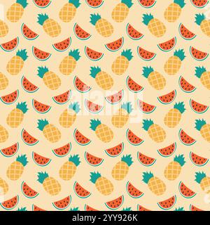 Pastèque tranchée et ananas entier sans couture. Texture d'arrière-plan ou fond d'écran d'été. Illustration vectorielle emballage ou toile de fond promo, affichage, brochures, cartes, affiche, bannière, étiquette Illustration de Vecteur