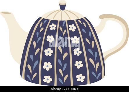 Théière en céramique bleu foncé ornée d'un charmant motif floral, complétée par un bec et une poignée beige, créant une atmosphère accueillante pour des moments de thé confortables Illustration de Vecteur
