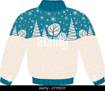 Pull tricoté chaud avec un design festif mettant en vedette une scène de forêt d'hiver avec des flocons de neige, parfait pour les journées d'hiver confortables et les célébrations de vacances, est couché à plat Illustration de Vecteur