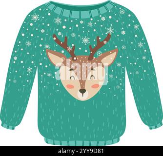 Pull de Noël vert confortable avec un visage de renne charmant entouré de flocons de neige ludiques, créant un look charmant pour les fêtes de fête et les joyeuses vacances d'hiver Illustration de Vecteur