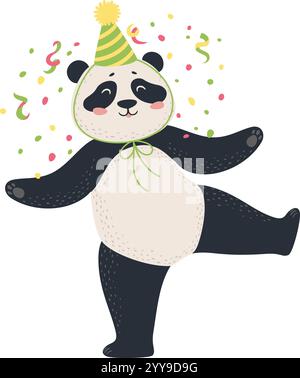 Panda joyeux portant un chapeau de fête danse joyeusement au milieu d'une vague de confettis colorés, incarnant l'esprit de célébration et l'exubérance ludique Illustration de Vecteur