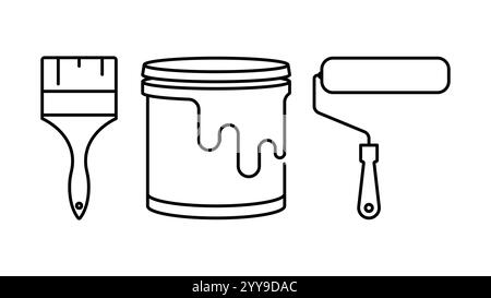 Outils de peinture avec rouleau, seau et vecteur d'icône de pinceau Illustration de Vecteur