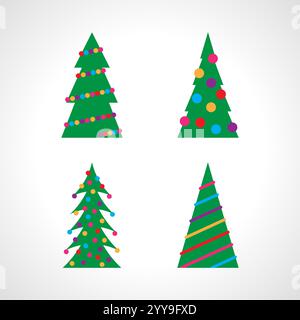 Ensemble de quatre sapins de Noël avec boules de Noël et décorations. Illustration vectorielle. Illustration de Vecteur