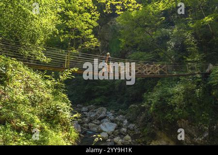 Mère et enfant profitant des vacances d'été, traversant un pont suspendu en bois sur un ruisseau clair dans la gorge de tolmin, un lieu touristique célèbre en slovénie Banque D'Images