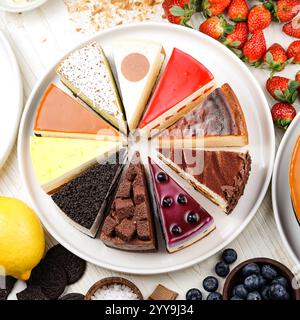 Tranches de cheesecake assorties disposées en cercle sur une assiette blanche, présentant une variété de saveurs et de garnitures, y compris le chocolat, les fruits, la noix de coco Banque D'Images