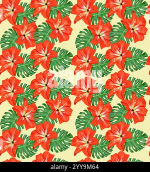 Fleur d'hibiscus peinte numériquement rouge à la main avec motif sans couture de feuille tropicale verte pour l'été, le printemps. arrière-plan. Banque D'Images