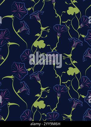 Motif floral de gloire du matin, motif vectoriel sans couture tropical avec des fleurs de gloire du matin et des feuilles de fond. Vecteur tropical exotique sans couture Illustration de Vecteur