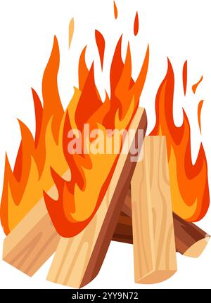 Feu de joie brûlant brillamment avec des flammes vibrantes faites de bûches de bois, créant une atmosphère chaleureuse et confortable parfaite pour le camping et les loisirs en plein air sur un fond blanc Illustration de Vecteur