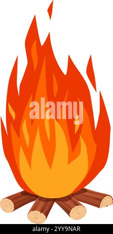 Feu de joie brûlant brillamment avec des flammes vibrantes engloutissant des bûches de bois, créant une atmosphère chaleureuse et confortable dans une illustration vectorielle stylisée sur un fond blanc propre Illustration de Vecteur