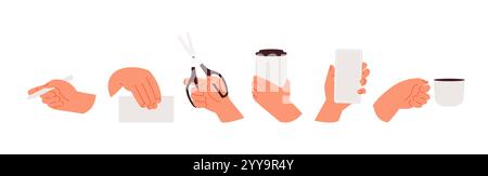 Mains et gestes de dessin animé avec différents objets. Mains avec des ciseaux, tenir un stylo, café, smartphone, carte. Ensemble de vecteurs Illustration de Vecteur