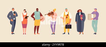 Professions diverses. Joueur de basket-ball, plombier, juge, coursier violoniste chanteuse serveuse Vector collection Illustration de Vecteur