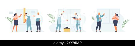 Installation ou remplacement de fenêtres en plastique, service à la clientèle. Mesureur, installateur, entrepreneur. Illustration vectorielle Illustration de Vecteur