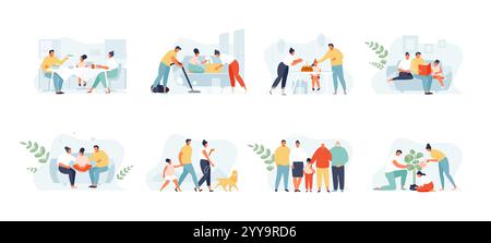 Famille passant du temps ensemble. Moments heureux de la vie de famille, des enfants et des parents. Ensemble de vecteurs Illustration de Vecteur