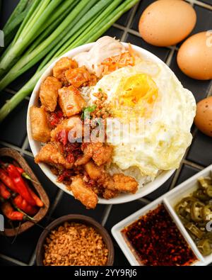 Bol de riz au poulet frit croustillant surmonté d'un œuf ensoleillé, de légumes frais et de sauce Chili épicée, entouré d'ingrédients crus comme des œufs, rouge Banque D'Images