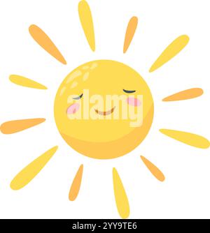 Le soleil de bande dessinée avec les yeux fermés et un sourire charmant rayonne de chaleur et de bonheur, brille brillamment dans un affichage joyeux et vibrant de teintes jaunes et oranges Illustration de Vecteur