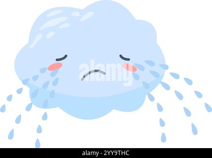 Nuage de dessins animés bleu clair avec un visage triste pleurant, libérant des gouttes de pluie qui tombent doucement vers le bas, capturant l'essence du temps pluvieux et exprimant une humeur sombre Illustration de Vecteur