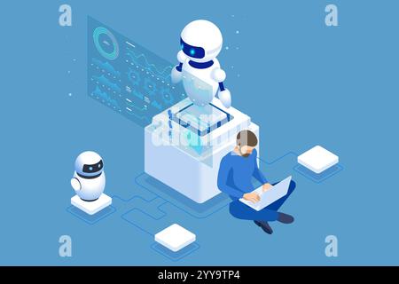 Interfaces robotiques isométriques et écrans virtuels, opérations futuristes et efficaces sur mesure. Un robot ai interagit avec les tableaux de bord virtuels et Illustration de Vecteur