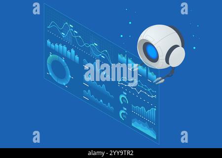 Interfaces robotiques isométriques et écrans virtuels, opérations futuristes et efficaces sur mesure. Un robot ai interagit avec les tableaux de bord virtuels et Illustration de Vecteur