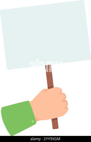 Main saisissant fermement une pancarte vierge avec un bâton en bois, prêt pour la protestation, l'annonce ou la publicité, isolé sur un fond blanc Illustration de Vecteur