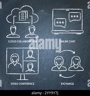 Jeu d'icônes de tableau de surveillance du travail d'équipe à distance. Collaboration en ligne, symboles de chat et vidéo, partage de documents dans le cloud. Illustration vectorielle Illustration de Vecteur