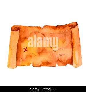 Carte au trésor à l'aquarelle, présentant un itinéraire aventureux, des symboles mystérieux et un endroit marqué avec une illustration « X » parfaite pour les pirates sur le thème AC Banque D'Images